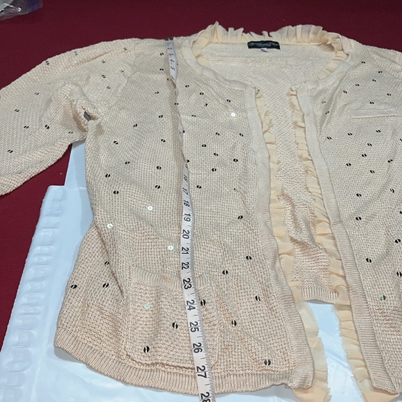Colleen Lopez BEIGE tan shiny knit hook Cardigan sweater ruffles 3/4 sleeves 3X - Picture 10 of 15